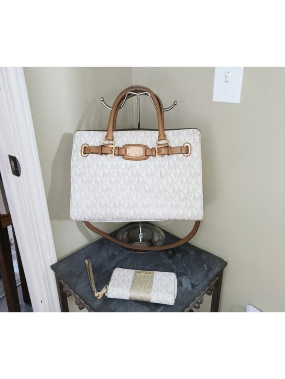 Michael Kors Signature Logo Hamilton Satchel Handbag & Wallet Cream Brown Gold